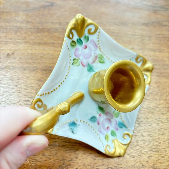 Hand painted porcelain candle holder finger lamp taper candlestick pink gold 60s - Picture 5 of 7